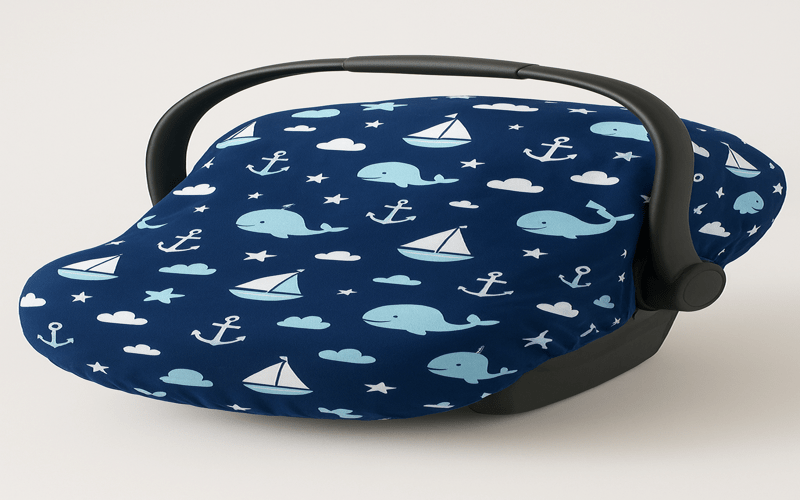 A navy-blue baby car seat cover for boy with cute whale, sailboat, and anchor designs, offering both style and comfort for infants.