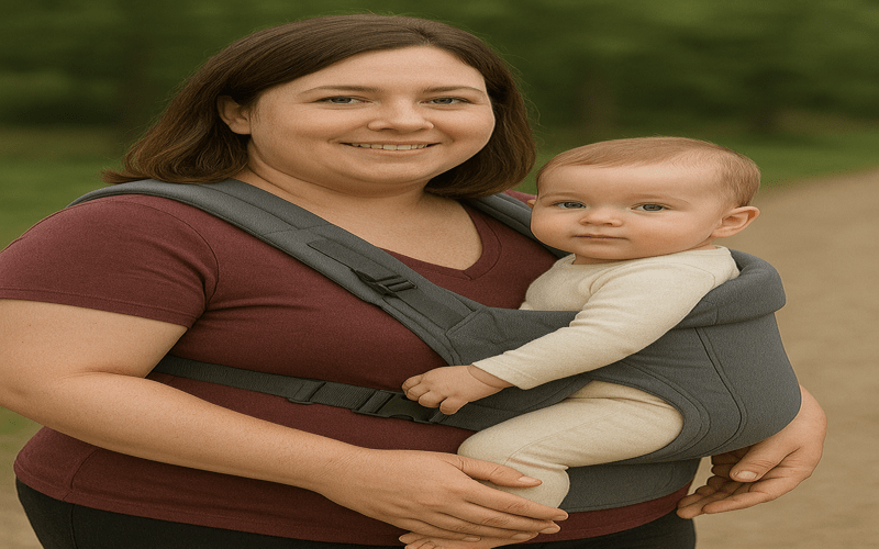 Plus size parent using the best baby carrier for plus size parent while holding baby outdoors