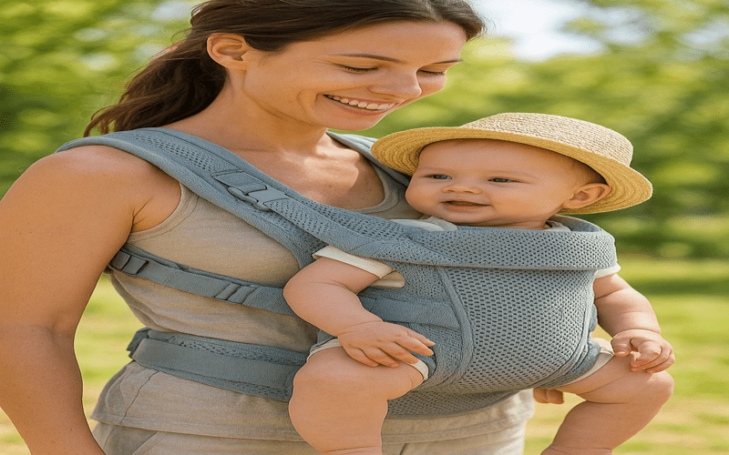 Smiling mother carrying her baby in a breathable mesh baby carrier outdoors – best baby carrier for summer.