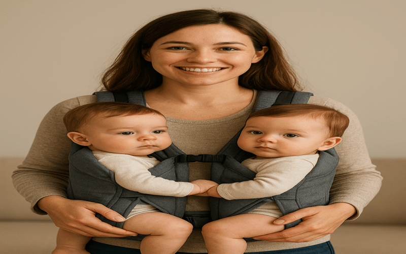 Mother carrying two babies in the best baby carrier for twins, showing comfort, security, and a practical parenting solution.