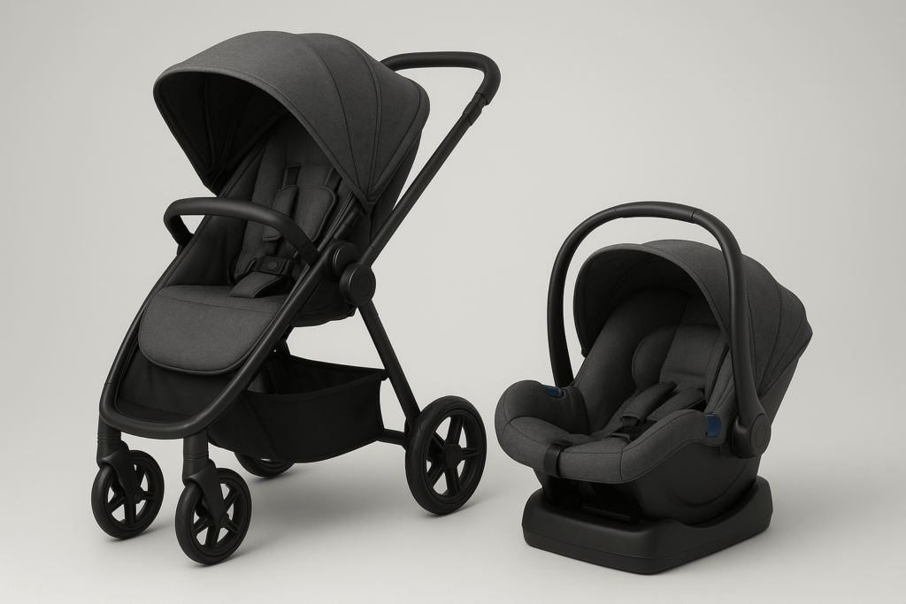 A modern best car seat stroller combo 2025 featuring a sleek stroller with a matching infant car seat in dark gray, designed for safety, comfort, and everyday travel.