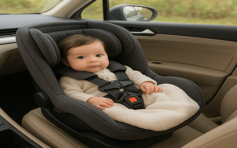 Newborn baby sitting safely in the best convertible car seat for newborns with a secure harness and padded comfort.