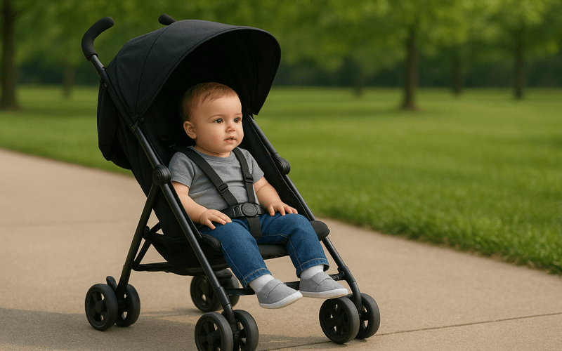 Baby sitting in a black umbrella stroller outdoors – when can baby use umbrella stroller safely.