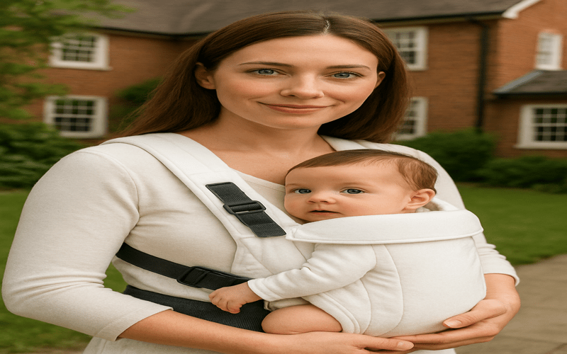 A mother gently carrying her baby in a soft carrier, showing is baby carrier safe for newborn through proper support and comfort.