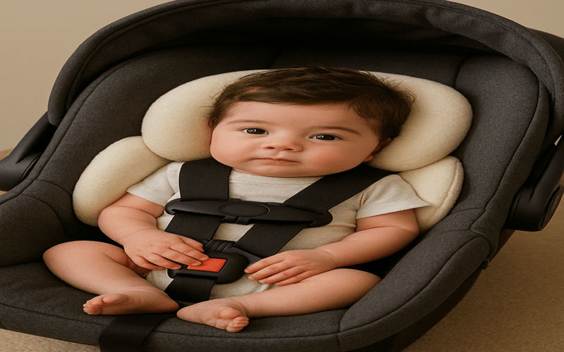 Newborn head support for car seat providing safe, comfortable, and secure travel for babies.