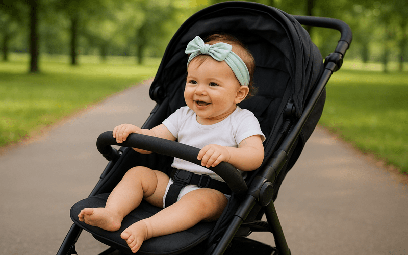 Baby in stroller without car seat, smiling outdoors – when can baby use stroller without car seat safely.