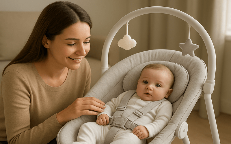 Are baby swings safe for newborns? A mother gently supervises her baby relaxing in a secure swing, showing comfort and safe use for newborns.