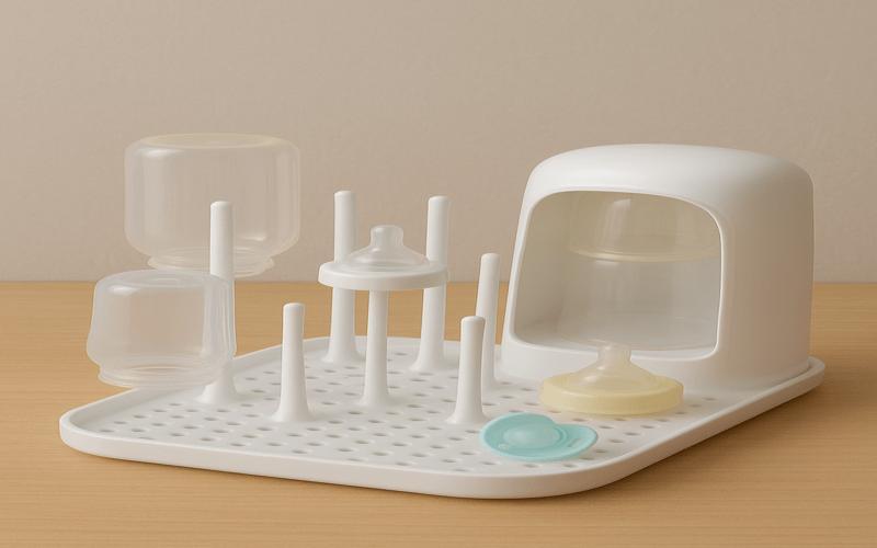 Best baby bottle drying rack for quick drying baby bottles, nipples, and pacifiers on a clean white counter.