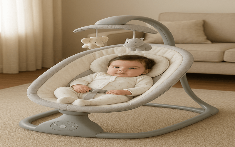 A newborn sitting comfortably in the best baby swing for newborn with plush toys and soft padding in a cozy living room.