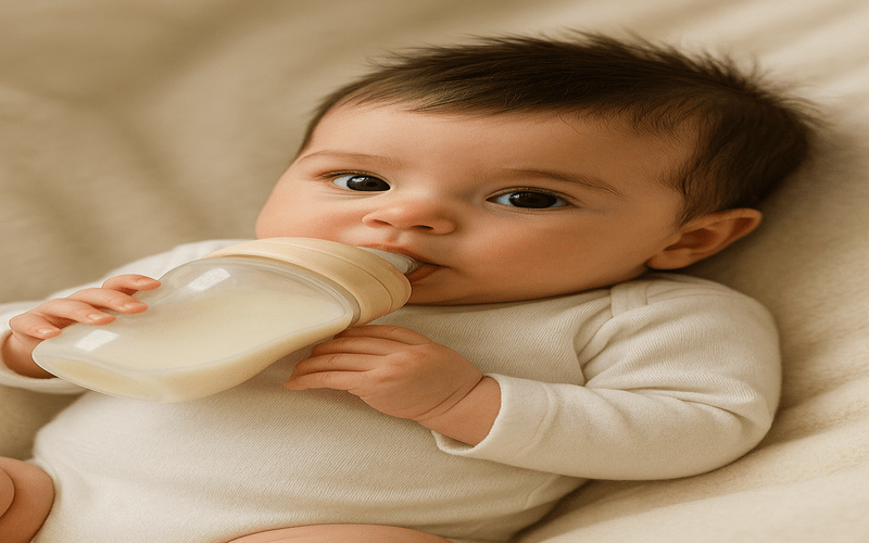 A happy baby with open eyes drinking milk from a soft, natural-shaped baby bottle — the best bottle for breastfed baby that promotes comfortable, realistic feeding.