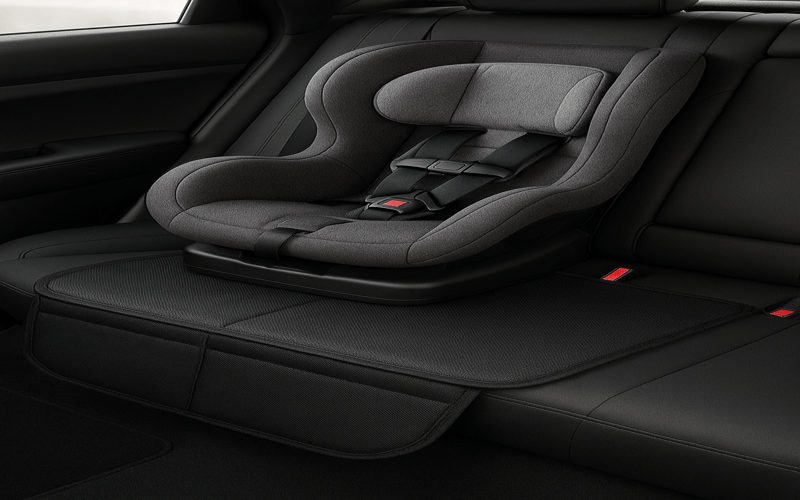 Best Car seat Protector for Baby Car seat showing a secure baby car seat installed on a non-slip protective mat in the back seat of a car.