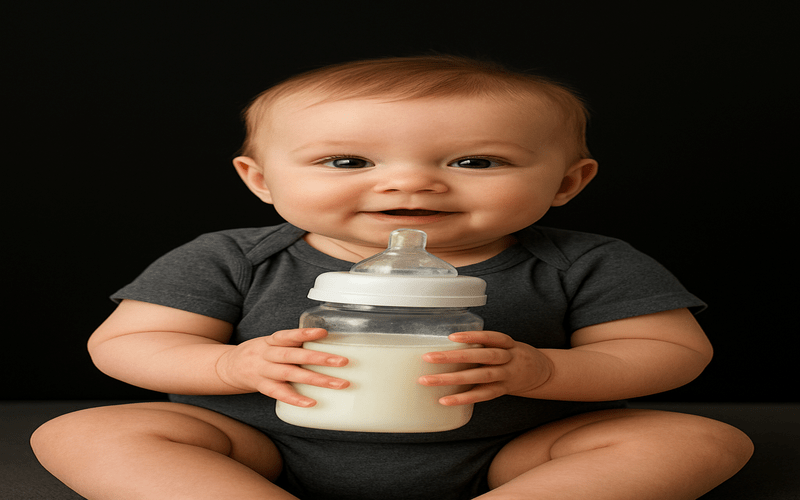A smiling baby holding a glass baby bottle filled with milk, representing the best glass baby bottles for safe and eco-friendly feeding.