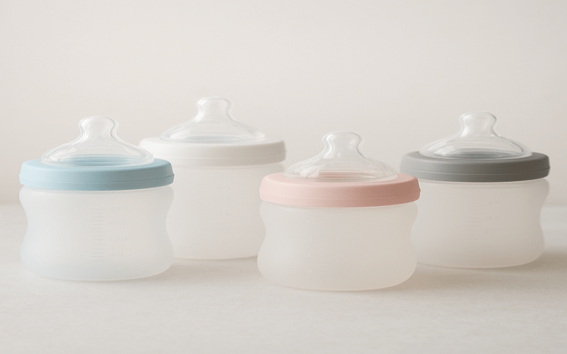 Four best silicone baby bottles with pastel lids in pink, blue, white, and grey, arranged neatly on a soft background.