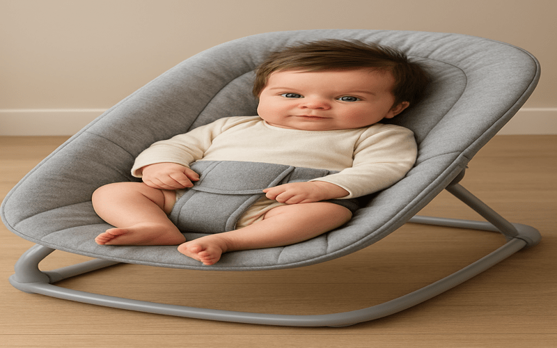 Newborn baby with soft brown hair sitting comfortably in a gray baby bouncer, showcasing the best baby bouncer for newborn comfort and support.