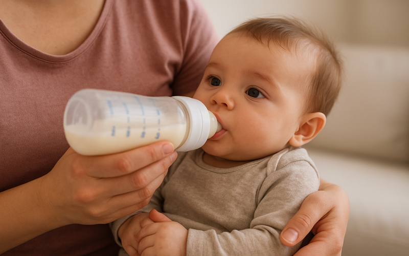Parent bottle-feeding a baby while learning when to stop bottle feeding baby and transition to a cup safely.