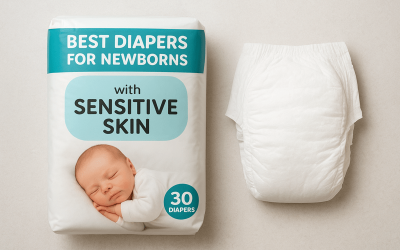 A pack of the best diapers for newborns with sensitive skin, showing soft, hypoallergenic design and a sleeping baby symbolizing comfort and gentle protection.