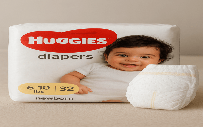Happy baby sitting beside a Huggies newborn diaper pack — best Huggies diapers for newborn offering softness and all-day dryness.
