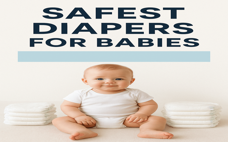 A happy baby sitting between stacks of soft white diapers, representing the safest diapers for babies that are gentle and safe for sensitive skin.