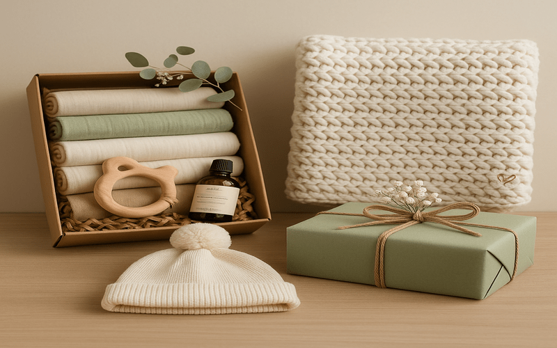A beautifully arranged set of natural newborn essentials, including an organic knitted blanket, wooden teether, soft cotton wraps, and eco-friendly baby items — ideal for the best organic baby gifts.
