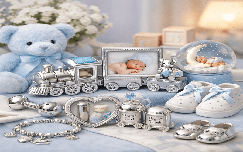 High-quality display of keepsake gifts for baby boy, including memory boxes, photo frames, and personalized baby keepsakes.
