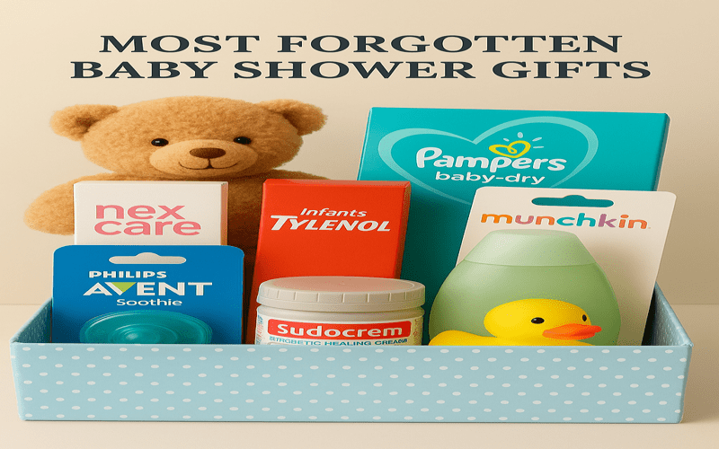 A baby shower gift basket filled with essential newborn items like diapers, pacifiers, baby lotion, Tylenol, and a teddy bear, representing the most forgotten baby shower gifts.