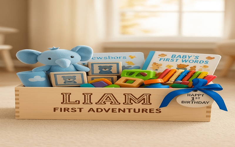 Personalized wooden baby gift box with plush elephant, learning books, toys, and colorful blocks – unique gift for baby boy 1st birthday.
